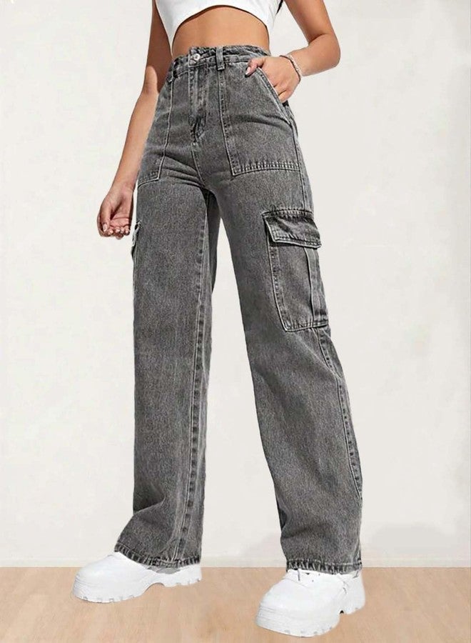 KOTTY Women's Solid High Rise Relaxed Fit Cargo Jeans Ash Gray - Image 5