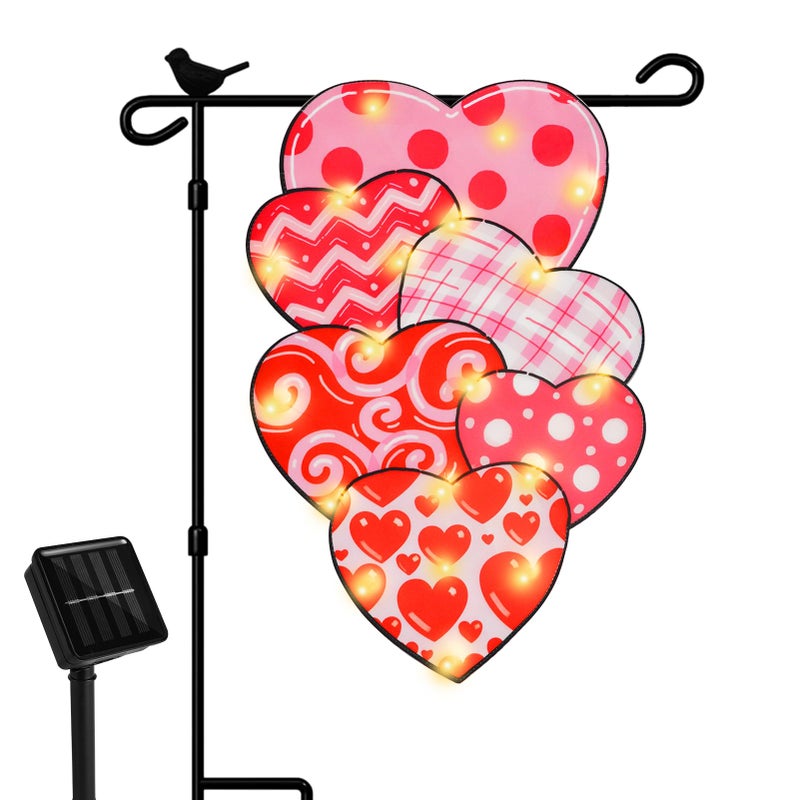 FLAGMESAGE Valentine Garden Flag - 12x18 Inch Double-Sided Solar Powered LED Heart Flag with 8 Lighting Modes, Perfect for Outdoor Yard and Home Valentineâ€™s Day Decorations - Image 1