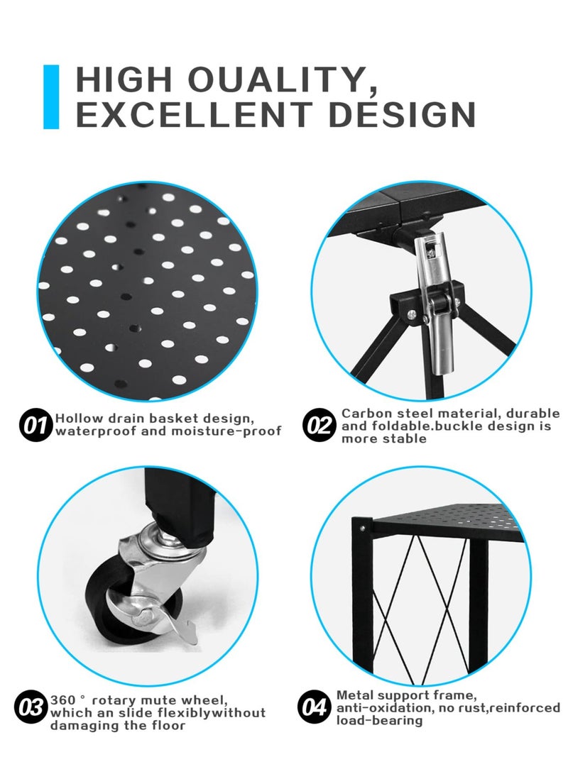 ميشيدا رف تخزين معدني قابل للطي بأربع طبقات، حامل مطبخ مع عجلات قابلة للقفل - Image 4