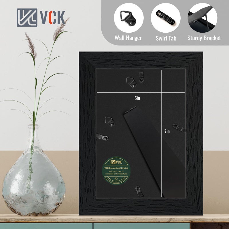 VCK 5x7 Picture Frame Black Set of 5, Textured Exclusive Wooden Photo Frames with HD Glass | Matted to 4x6 or 5x7 without Mat - Image 3