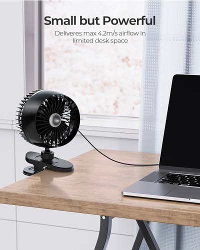 Koonie USB Clip on Fan, Strong Wind Ultra Quiet Small Desk Fan with Strong Clamp, More Than 360° Adjustable, 3 Speeds USB-C Corded Powered, Mini Personal Fan for Home Office Desktop Black - Image 2