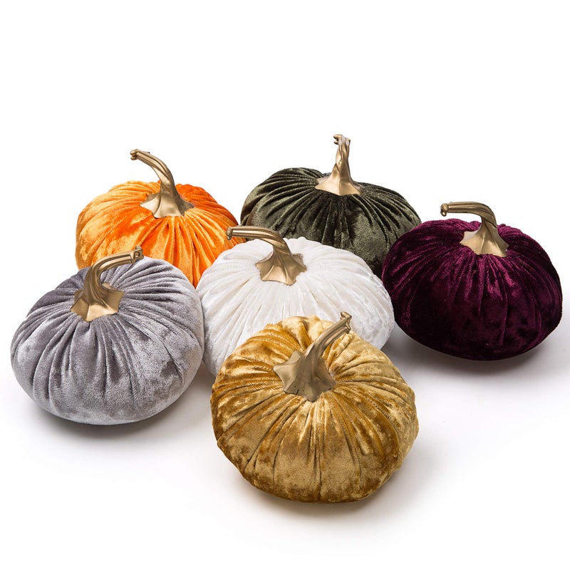 Ogrmar Set of 6 Pack Handmade Velvet Pumpkins DecorSuper Soft Stuffed Pumpkin with Exquisite Craftsmanship for Fall Halloween Thanksgiving Decoration