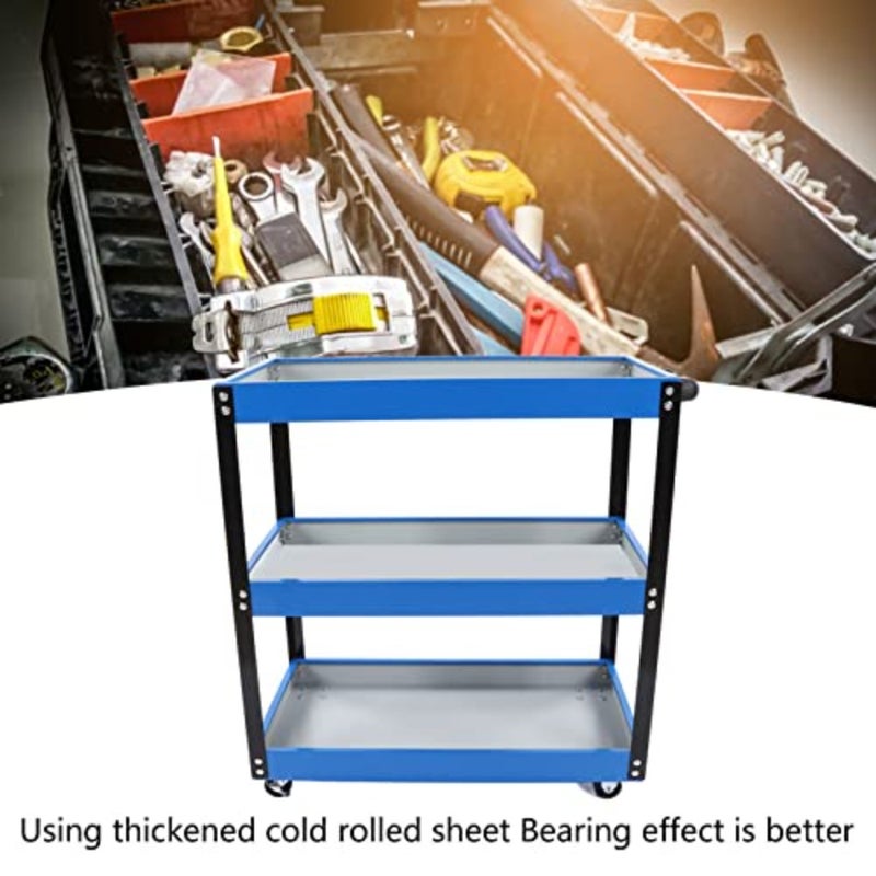3-Tier Trolley Cart Heavy-Duty Metal Service Tool Cart with 4 Lockable Casters Ergonomic Handle 110 Lbs Capacity Rolling Mechanic Tool Organizer for Garage, Warehouse, Workshop Black Steel Construction Compact Rolling Storage Solution - Image 2