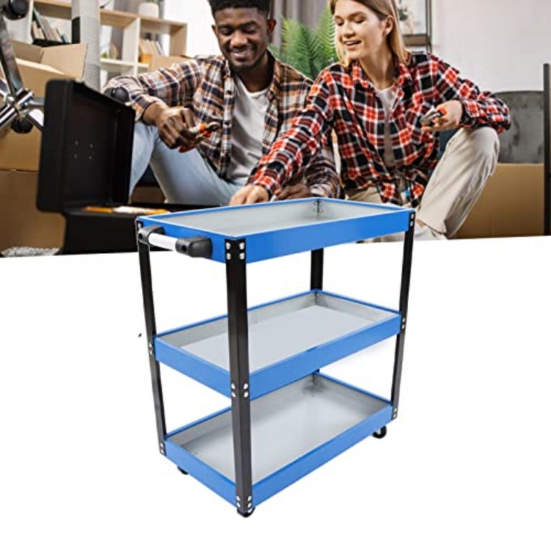 3-Tier Trolley Cart Heavy-Duty Metal Service Tool Cart with 4 Lockable Casters Ergonomic Handle 110 Lbs Capacity Rolling Mechanic Tool Organizer for Garage, Warehouse, Workshop Black Steel Construction Compact Rolling Storage Solution - Image 3