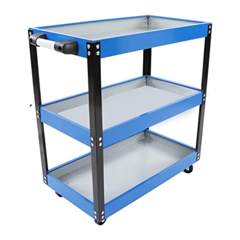 3-Tier Trolley Cart Heavy-Duty Metal Service Tool Cart with 4 Lockable Casters Ergonomic Handle 110 Lbs Capacity Rolling Mechanic Tool Organizer for Garage, Warehouse, Workshop Black Steel Construction Compact Rolling Storage Solution - Image 1