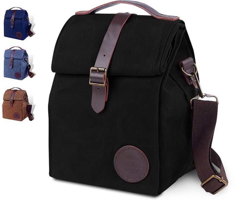 ASEBBO Insulated Lunch Bag for Women & Men - Reusable & Leak Proof Lunch Box Cooler Bag for Work, Beach, Travel for Adults with Shoulder Strap - Waxed Canvas (Black) - Reusable Bag - Image 1
