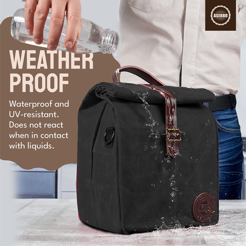 ASEBBO Insulated Lunch Bag for Women & Men - Reusable & Leak Proof Lunch Box Cooler Bag for Work, Beach, Travel for Adults with Shoulder Strap - Waxed Canvas (Black) - Reusable Bag - Image 3