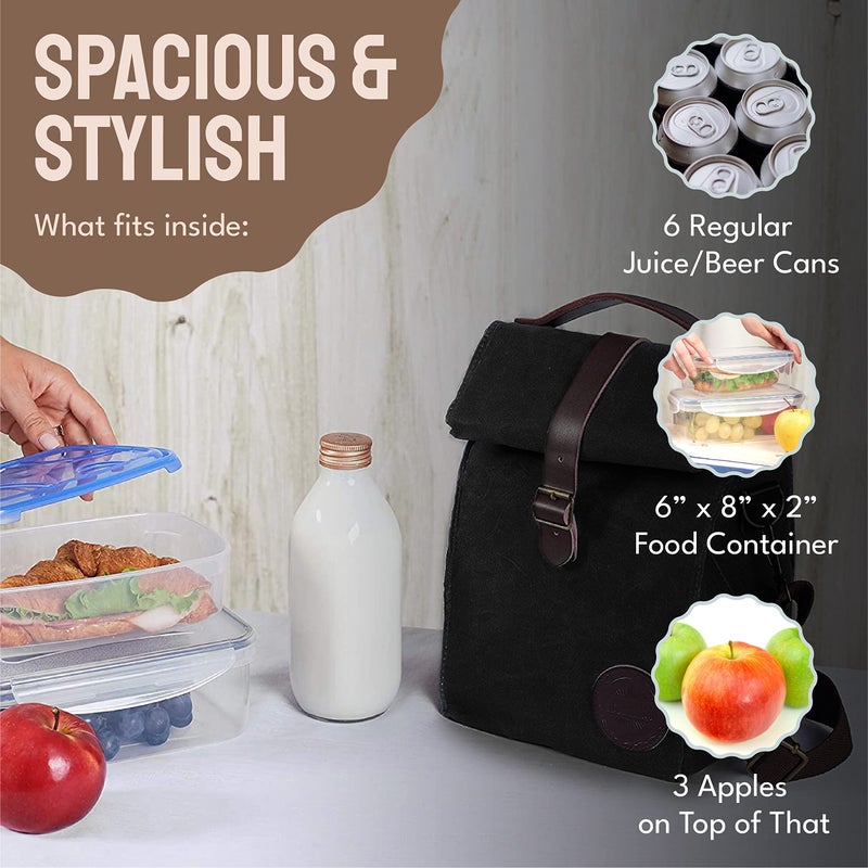 ASEBBO Insulated Lunch Bag for Women & Men - Reusable & Leak Proof Lunch Box Cooler Bag for Work, Beach, Travel for Adults with Shoulder Strap - Waxed Canvas (Black) - Reusable Bag - Image 4
