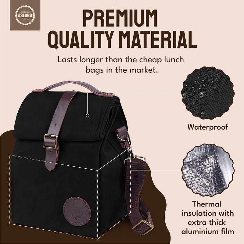 ASEBBO Insulated Lunch Bag for Women & Men - Reusable & Leak Proof Lunch Box Cooler Bag for Work, Beach, Travel for Adults with Shoulder Strap - Waxed Canvas (Black) - Reusable Bag - Image 2