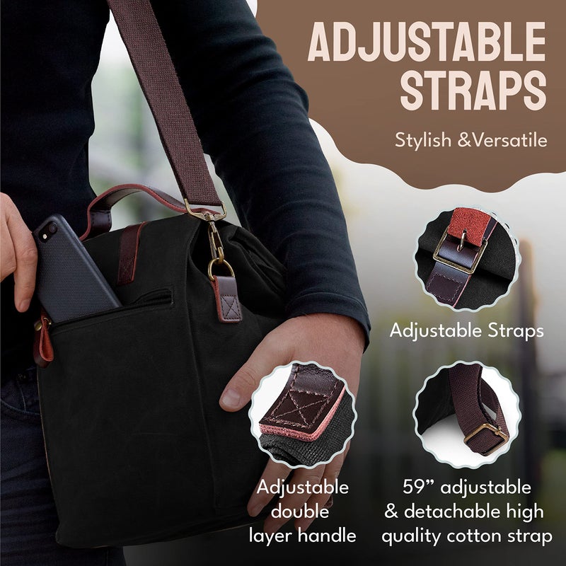 ASEBBO Insulated Lunch Bag for Women & Men - Reusable & Leak Proof Lunch Box Cooler Bag for Work, Beach, Travel for Adults with Shoulder Strap - Waxed Canvas (Black) - Reusable Bag - Image 5