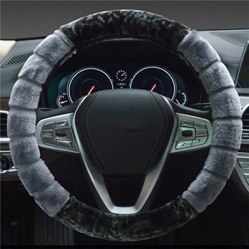 Winter Fluffy Leopard Print Steering Wheel Cover Anti Slip Black 38cm - Image 3
