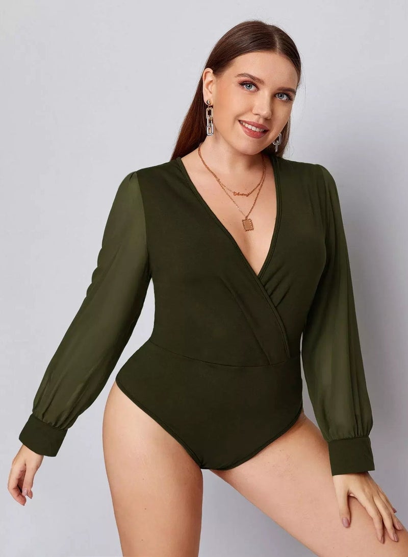 Plus Deep V Neck Surplice Front Bodysuit - Image 1