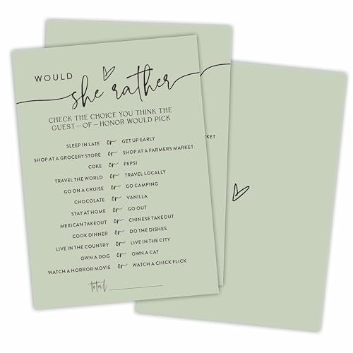 NYCTUG Minimalism Would She Rather Game Cards for Wedding Party, Moss Green Bridal Shower, Mr & Mrs, Newlyweds, Engagement Party Favor & Supplies(30 Pcs) -C02 - Image 1