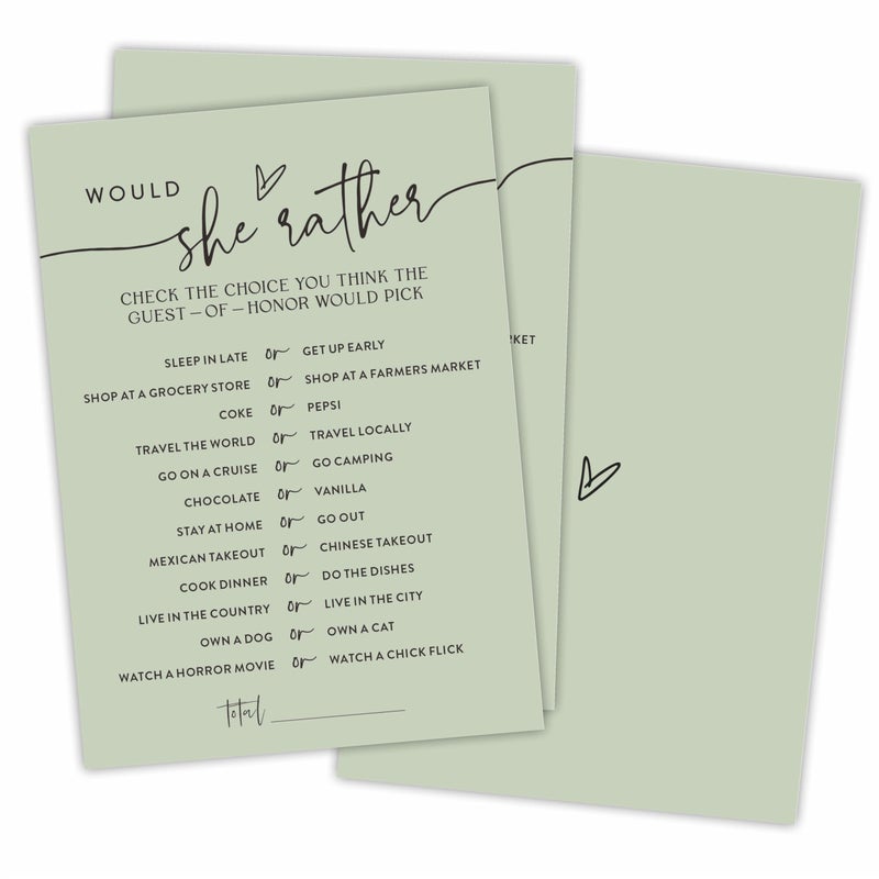 NYCTUG Minimalism Would She Rather Game Cards for Wedding Party, Moss Green Bridal Shower, Mr & Mrs, Newlyweds, Engagement Party Favor & Supplies(30 Pcs) -C02 - Image 5