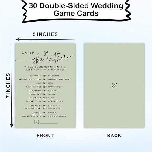 NYCTUG Minimalism Would She Rather Game Cards for Wedding Party, Moss Green Bridal Shower, Mr & Mrs, Newlyweds, Engagement Party Favor & Supplies(30 Pcs) -C02 - Image 2