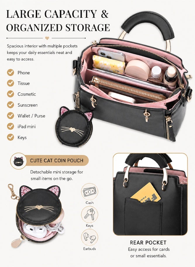 SHABILI Women Tote Bags Crossbody Shoulder Cross Bags Satchel Clutch, Ladies Premium Oxford Fabric Cat Charm Large Capacity Multi Pocket Purse, for College Student Daily Casual Travel Party Work Use - Image 3