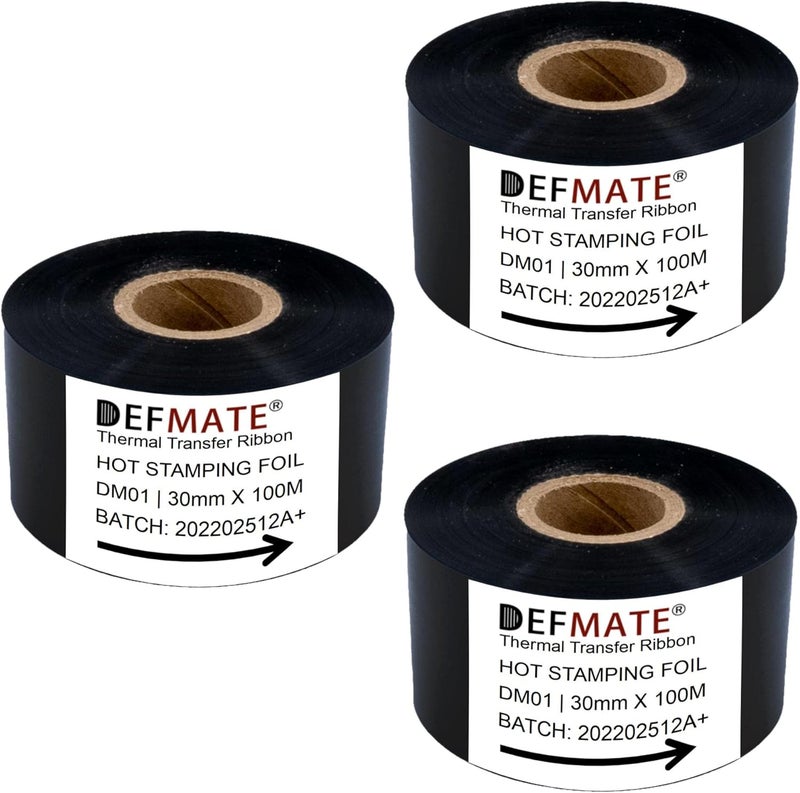 DEFMATE 12 لفات 30mm × 100m رقائق الختم الساخن الأسود شريط النقل الحراري الراتنج لآلة الطابعة الكود، شريط أسود لآلة الترميز - Image 1
