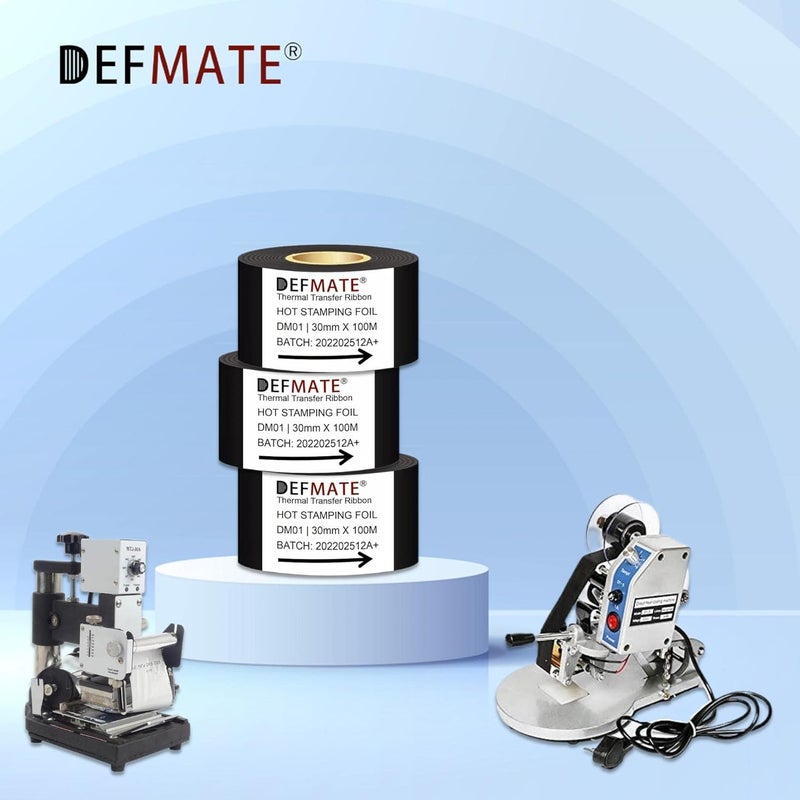 DEFMATE 12 لفات 30mm × 100m رقائق الختم الساخن الأسود شريط النقل الحراري الراتنج لآلة الطابعة الكود، شريط أسود لآلة الترميز - Image 4