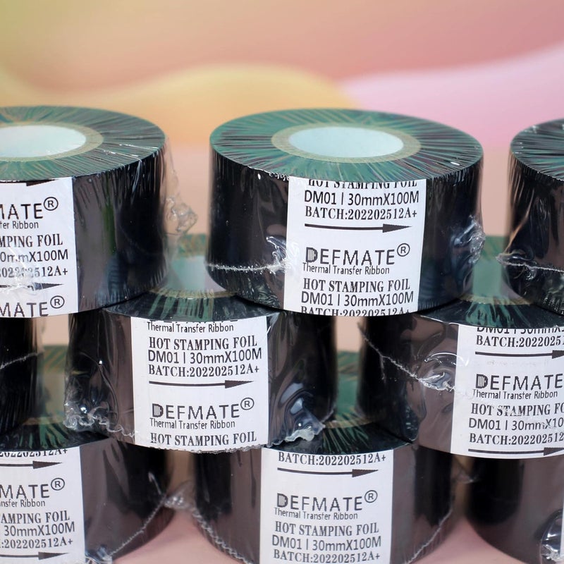 DEFMATE 12 لفات 30mm × 100m رقائق الختم الساخن الأسود شريط النقل الحراري الراتنج لآلة الطابعة الكود، شريط أسود لآلة الترميز - Image 3