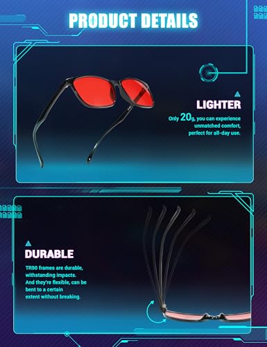 TIJN Sleep Glasses for 99.9% Blue Green Light Blocking for Women Men Dual AR Coating Red Lens for Computer Gaming, TR90 - Image 4