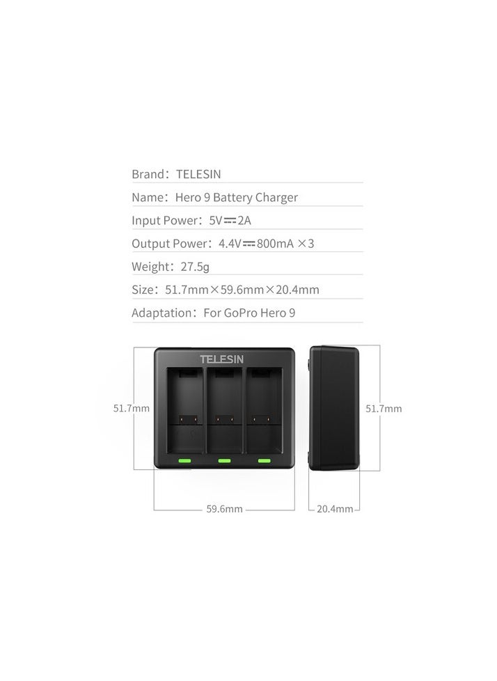 TELESIN 3 Channel Battery Charger For Gopro Hero9 Black  - Image 2