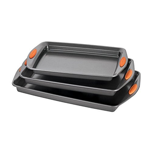 Rachael Ray Nonstick Bakeware Set with Grips, Nonstick Cookie Sheets / Baking Sheets - 3 Piece, Gray with Orange Grips - Image 1