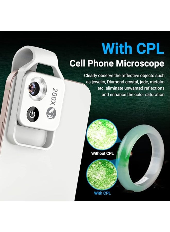 200x Magnification Zoom, High-Tech Clip-On Lens Turns Any Smartphone into a Professional Microscope, Mobile Phone Microscope with CPL Lens/LED Light, Pocket Microscope Camera (White) - Image 5