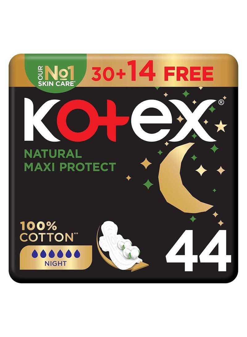كوتكس 44 قطعة من ضمادات ماكسي بروتيكت السميكة الطبيعية - 100٪ قطن ، بين عشية وضحاها ، مع أجنحة لليالي الحالمة!