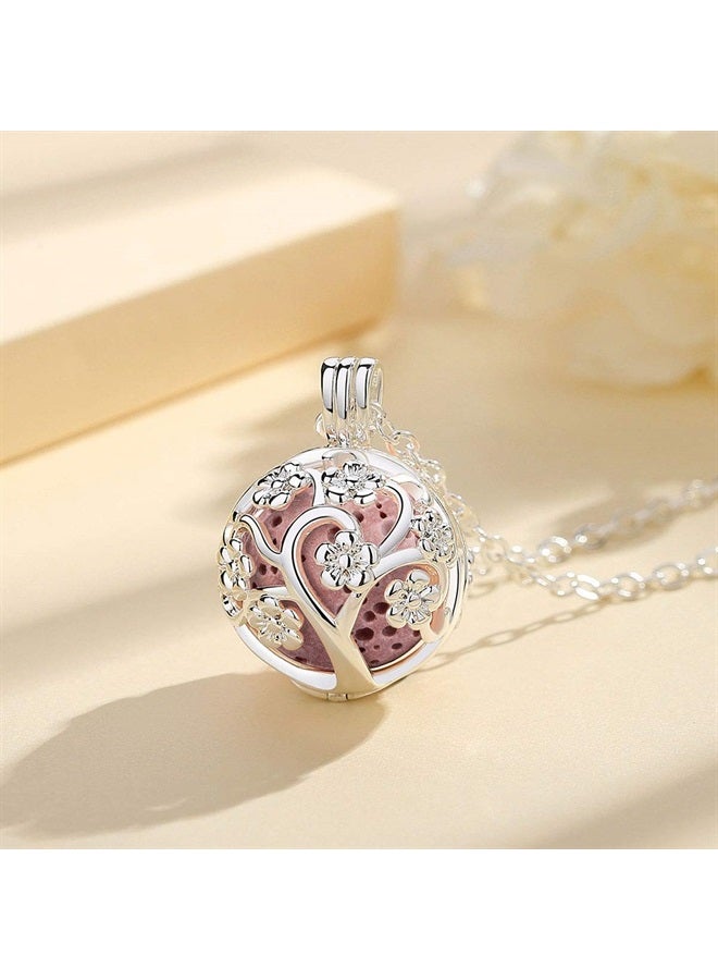 Sakura Tree Aromatherapy Necklace, Essential Oils Diffuser Locket Pendant with 7 PCS Lava Rock Stones and 24" Link Chain
