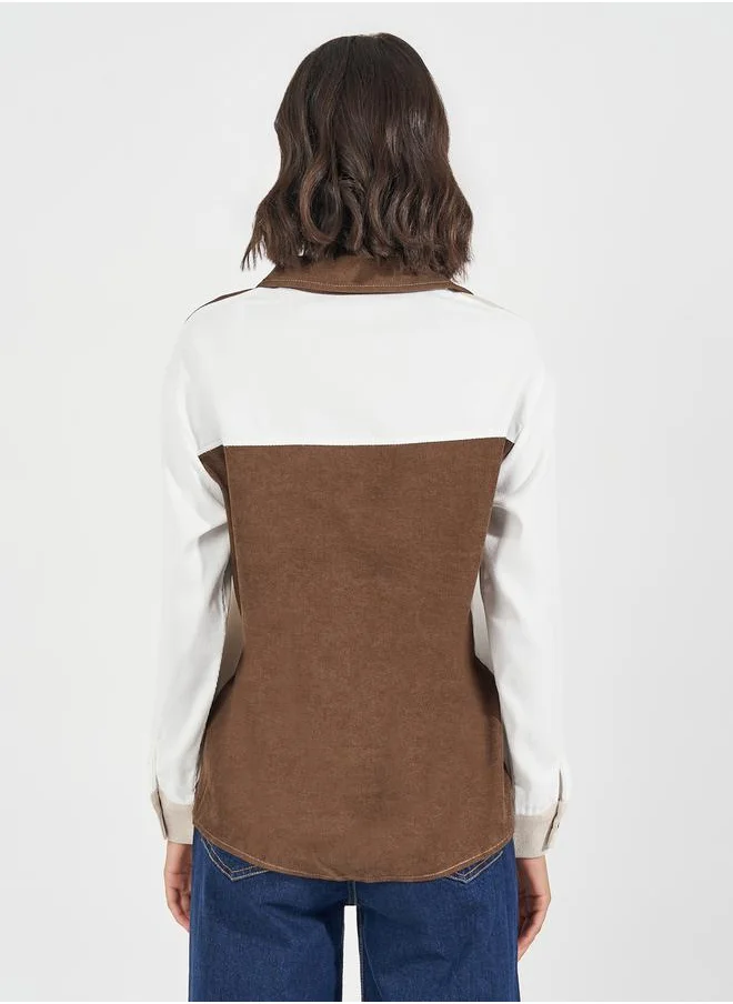 Styli Color Block Button Front Corduroy Shirt