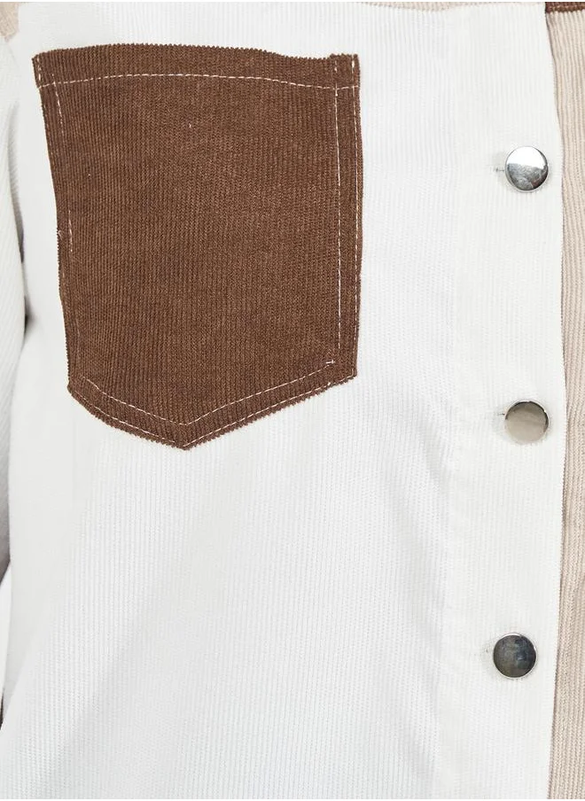 Styli Color Block Button Front Corduroy Shirt