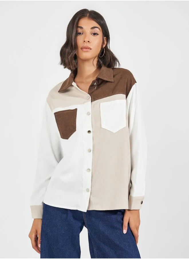 Styli Color Block Button Front Corduroy Shirt