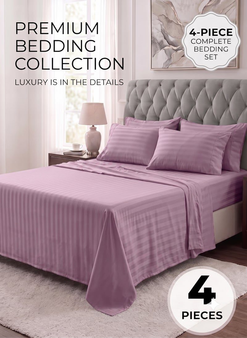 ZEESQUARE Luxury 4-Piece Pink Striped Bed Sheet Set | Hotel Collection Bedding Set with Flat Sheet, Fitted Sheet & 2 Pillow Covers | Soft Breathable Microfiber Bedding Set for King Size Bed | Premium Elegant Bedroom Bedding - Image 1