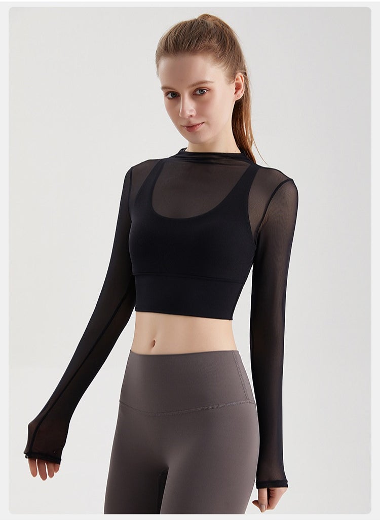Generic Female Cross Thin Suspender Fashion Mesh Breathable Long Sleeved Fake Two-Piece Yoga Suit  - Image 2