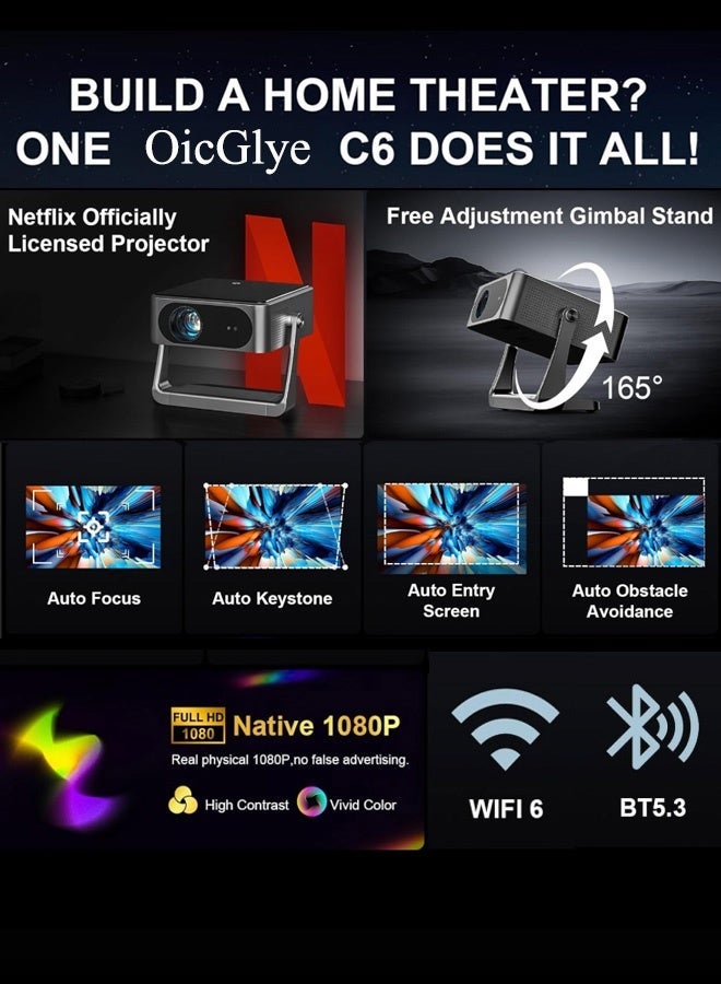 OicGlye Smart Projector with Official Netflix Licensed, 700 ANSI, AI Auto Focus & Keystone, Native 1080P Full HD, WiFi6, Two-Way Bluetooth 5.3 - Image 2