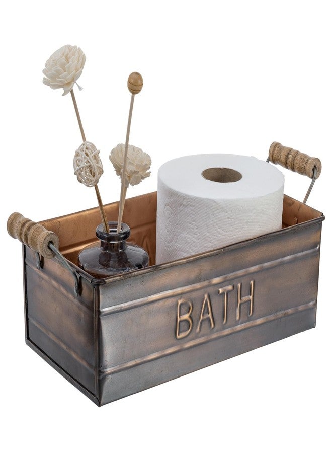 MyGift Vintage Bronze Metal Rectangular Storage Basket with Wooden Handles, Bathroom Toiletries Holder, Organizer Bin with Embossed BATH Label - Handcrafted in India - Image 1