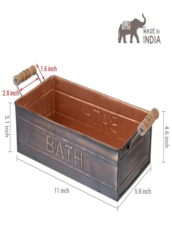 MyGift Vintage Bronze Metal Rectangular Storage Basket with Wooden Handles, Bathroom Toiletries Holder, Organizer Bin with Embossed BATH Label - Handcrafted in India - Image 4
