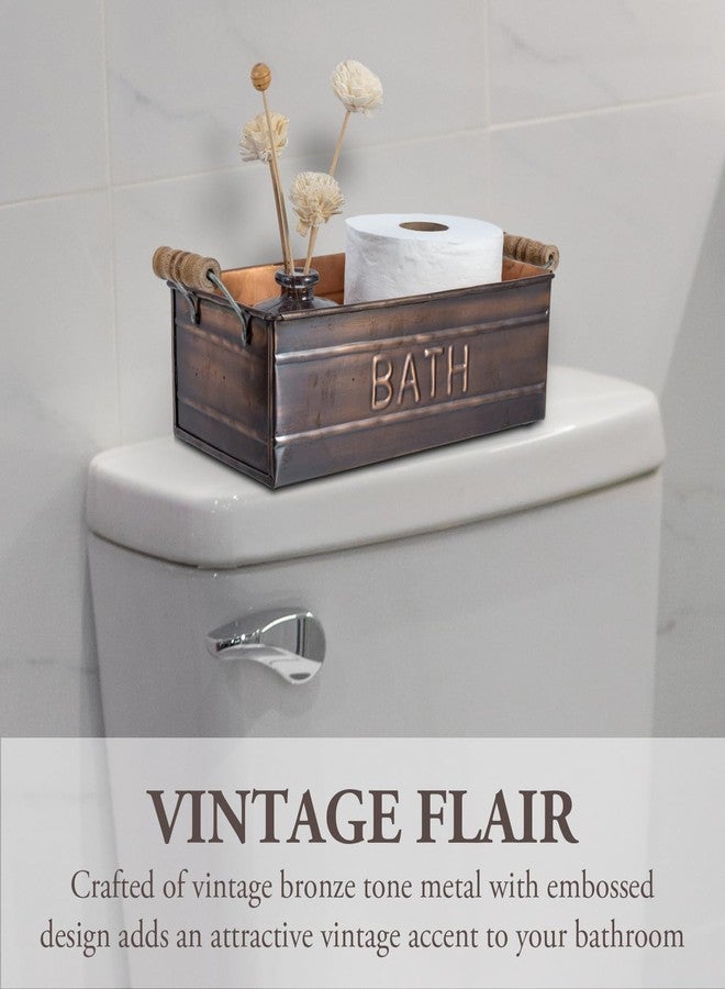 MyGift Vintage Bronze Metal Rectangular Storage Basket with Wooden Handles, Bathroom Toiletries Holder, Organizer Bin with Embossed BATH Label - Handcrafted in India - Image 2