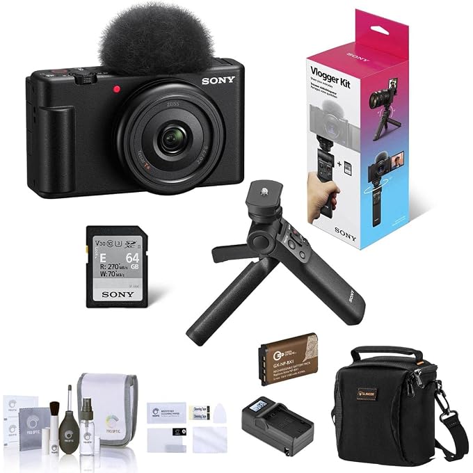 Sony ZV-1F Vlogging Camera, Black, Bundle with GP-VPT3 Shooting Grip, Shoul - Image 1