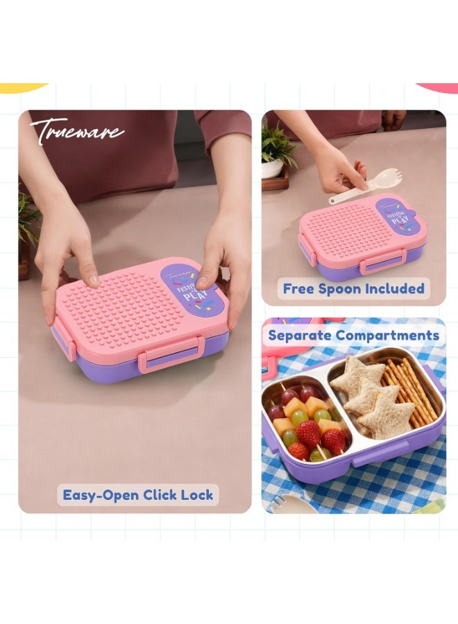 Trueware علبة طعام Trueware BRIX Fun Food and Play مصنوعة من الفولاذ المقاوم للصدأ 304 معزولة بمادة البولي يوريثين، تحتوي على قسمين، خالية من مادة BPA، آمنة للاستخدام مع الطعام، مثالية للمدرسة والنزهات والمكتب والأنشطة الخارجية - سعة 540 مل مع ملعقة - Image 2