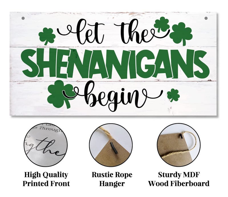 Gkwa Hanging St. Patrick's Day Wood Sign - 'Let the Shenanigans Begin' - Irish Home Decor, Wall Art, Rustic Farmhouse Style - Image 5