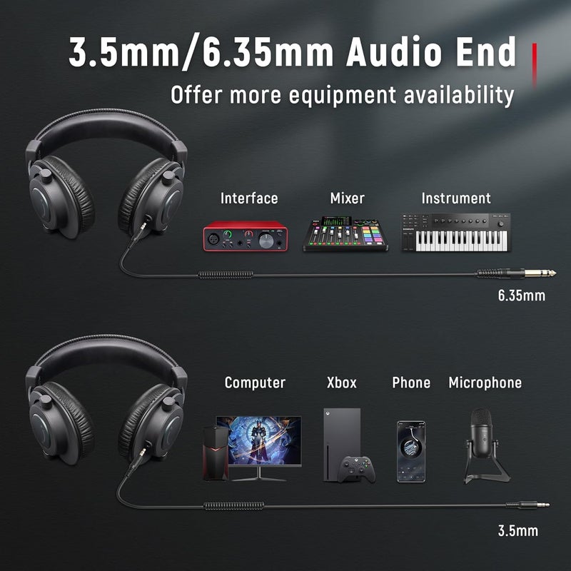 FIFINE Studio Monitor Headphones for Recording-Over Ear Wired Headphones for Podcast Monitoring, Streaming Comfortable Equipment with Detachable Cables 3.5mm or 6.35mm Jack, Black, on PC/Mixer-H8 - Image 4