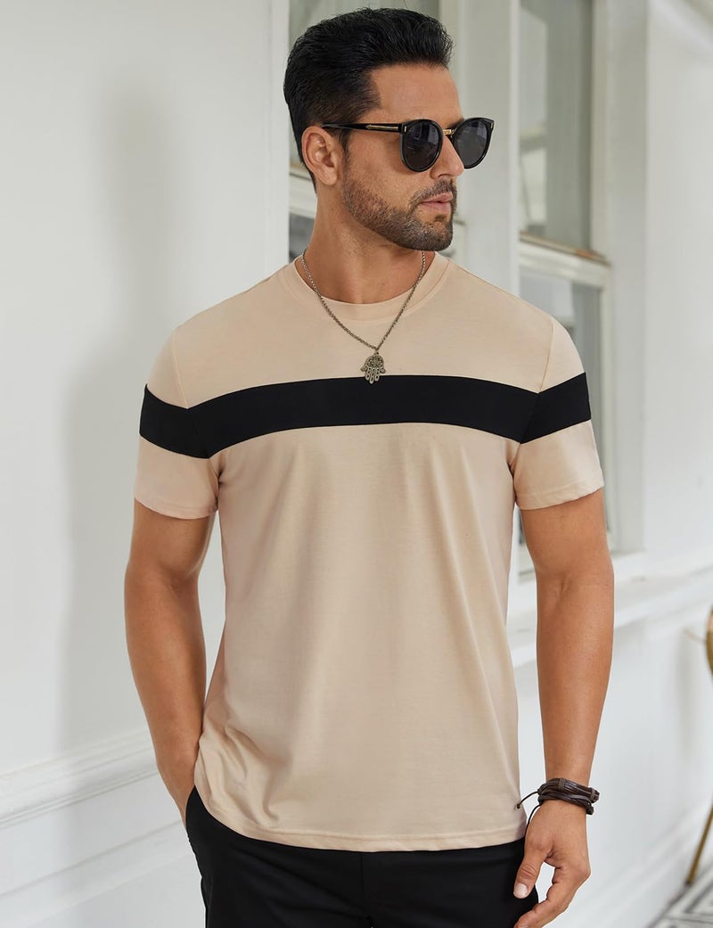 Hardaddy Men's Short Sleeve Tee Color Block Crew Neck Pullover Casual Basic Shirts Light Khaki XL - Image 3
