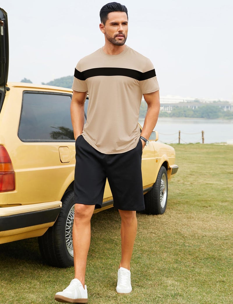 Hardaddy Men's Short Sleeve Tee Color Block Crew Neck Pullover Casual Basic Shirts Light Khaki XL - Image 4