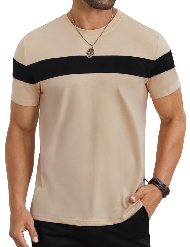 Hardaddy Men's Short Sleeve Tee Color Block Crew Neck Pullover Casual Basic Shirts Light Khaki XL - Image 1