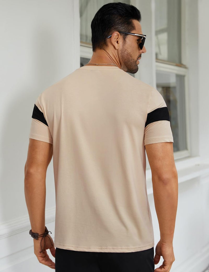 Hardaddy Men's Short Sleeve Tee Color Block Crew Neck Pullover Casual Basic Shirts Light Khaki XL - Image 2