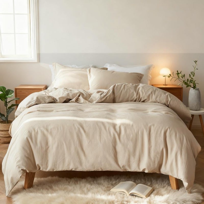 Simple&Opulence French Linen Duvet Cover Set 104"x 92"- 3 Pieces (1 Comforter Cover,2 Pillowcases)-Natural Flax Cotton Blend-Solid Color Breathable Farmhouse Bedding-Linen/Beige, King - Image 1