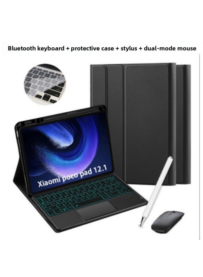 For Xiaomi Poco Pad 12.1 Touch Backlit Bluetooth Keyboard Case Red Rice 12.1 Case-Color:Black [leather Case + Touch Backlight + Mouse + Stylus]-Product Type:Lenovo Tab M11 (tb-330fu/xu/2024 Xiaoxin Pad 11 (tb-331fc) Without Pen Tray