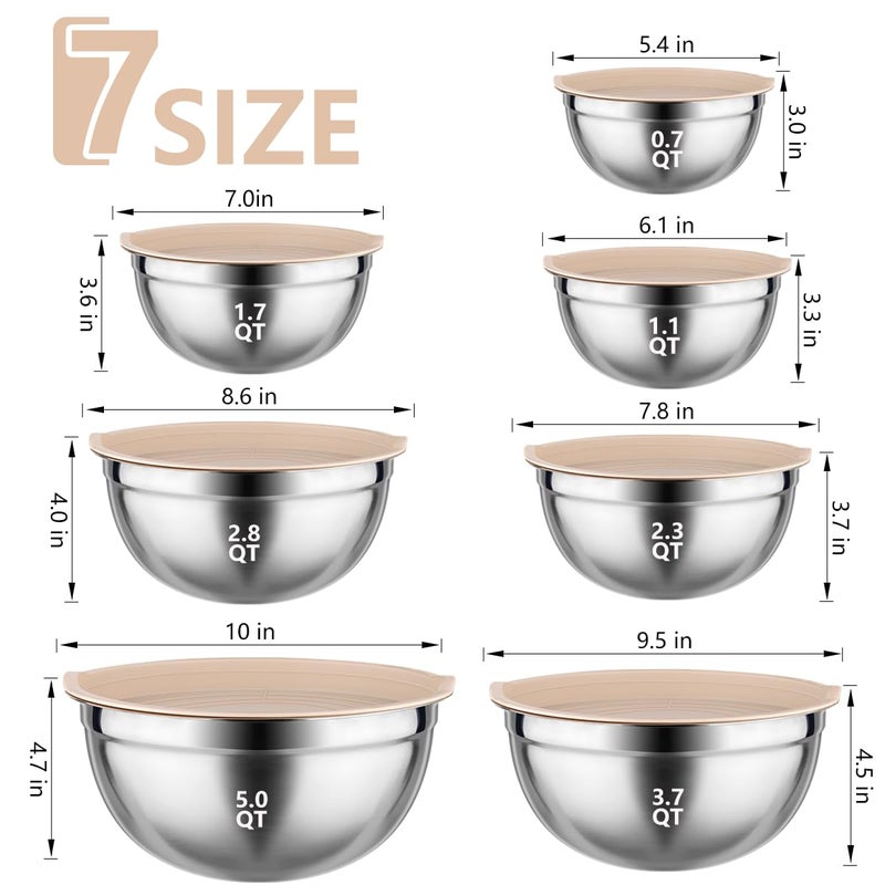 Leidawn Mixing Bowls with Lids set - 25 PCS Stainless Steel Nesting Khaki Mixing Bowls Set for Baking,Mixing,Serving & Prepping,Size 5, 3.7, 2.8, 2.3, 1.7, 1.1, 0.7QT, 11 Cooking Utensils - Image 4