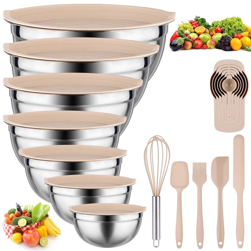Leidawn Mixing Bowls with Lids set - 25 PCS Stainless Steel Nesting Khaki Mixing Bowls Set for Baking,Mixing,Serving & Prepping,Size 5, 3.7, 2.8, 2.3, 1.7, 1.1, 0.7QT, 11 Cooking Utensils - Image 1